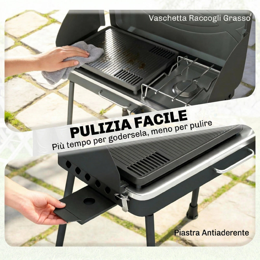 Barbecue a Gas Propano Portatile 61x47x88 cm con Griglia e Fornello 7KW in Alluminio e Metallo Nero