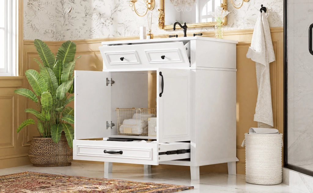 Mobile sottolavabo con lavabo in ceramica, 2 ante e 9 vani, per bagno, in MDF, bianco, 77 × 46 × 86 cm