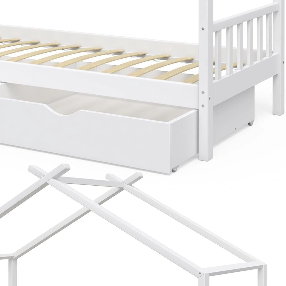 Letto montessori bambini Design, Bianco, 90x200 cm con 2 cassetti, con sponda anticaduta e rete a doghe per un sonno sicuro