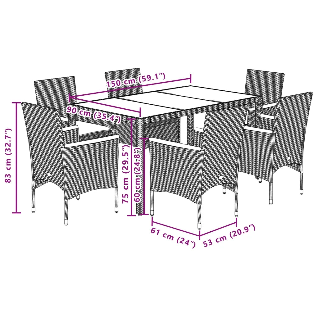 Set Pranzo da Giardino 7 pz Nero con Cuscini Polyrattan Acacia 3278648