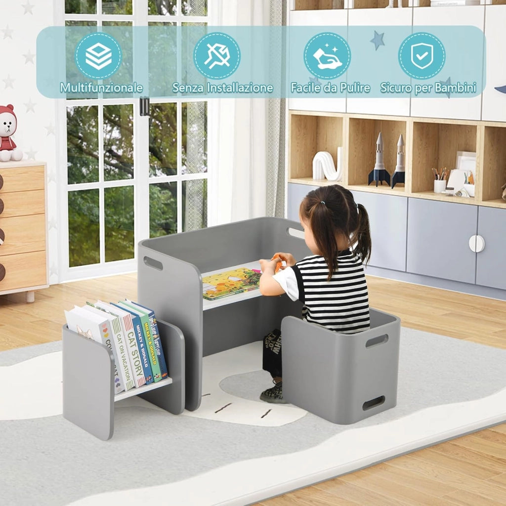 Set Tavolo e 2 Sedie per Bambini 2-9 Anni, Set Multiuso in Legno di Faggio con Maniglie Ergonomiche, Design Salvaspazio, Senza Montaggio, Portata 100 kg (Grigio)