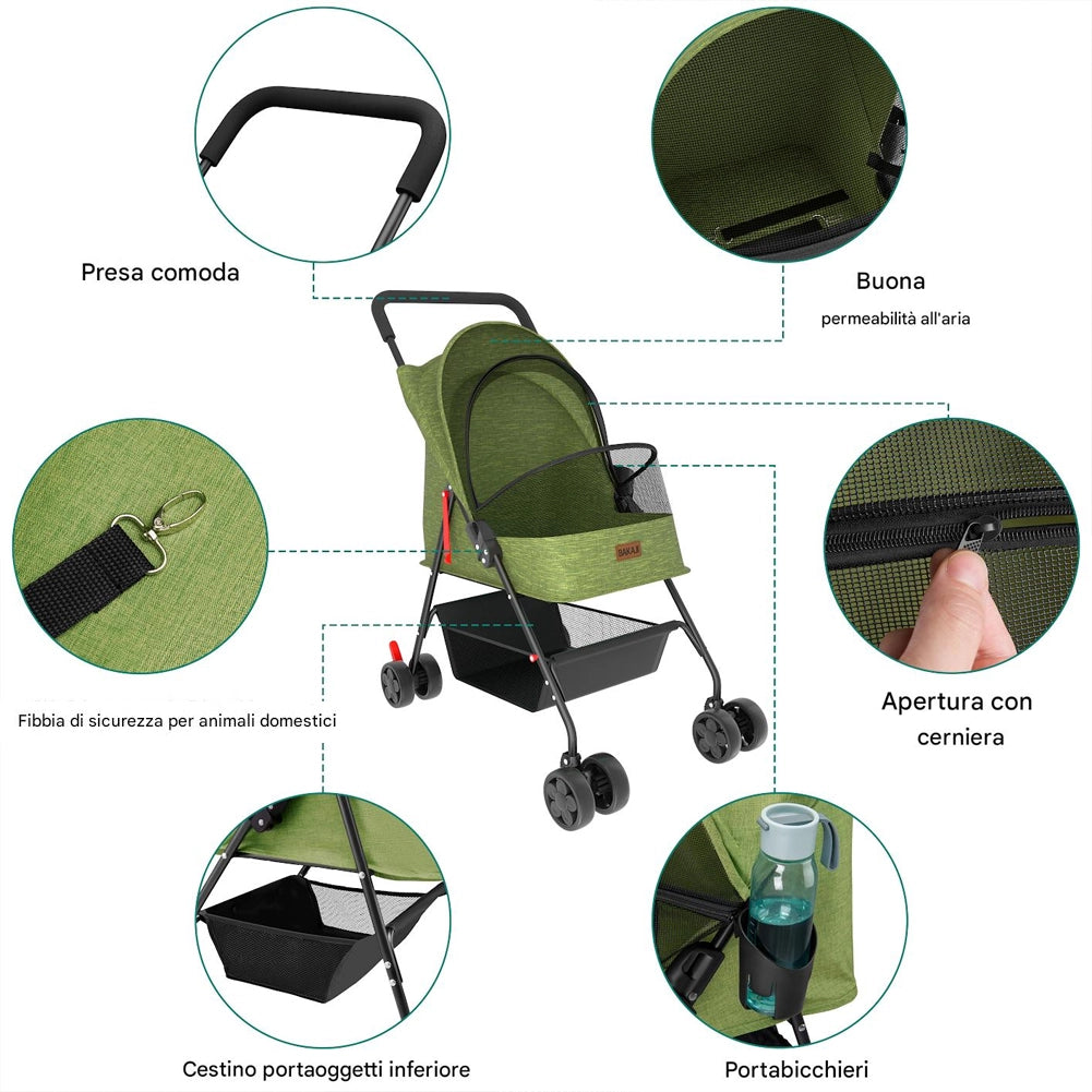 Passeggino per Cani e Gatti Carrozzina Animali Domestici Pieghevole Verde 15kg