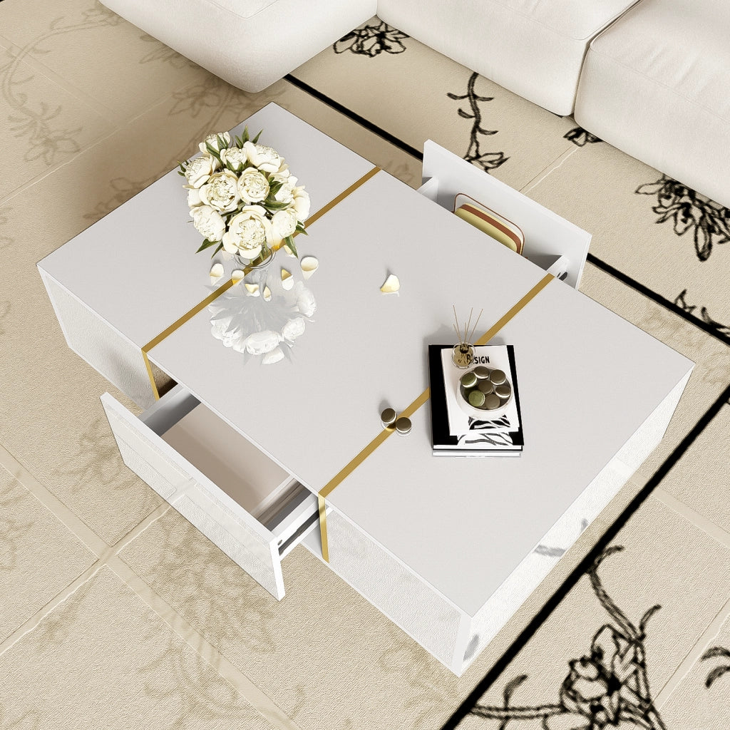 OKWISH Tavolino da Salotto Rettangolare con 2 Cassetti, Finitura Lucida, per Soggiorno, MDF, Bianco, 100 x 60 x 41.5 cm
