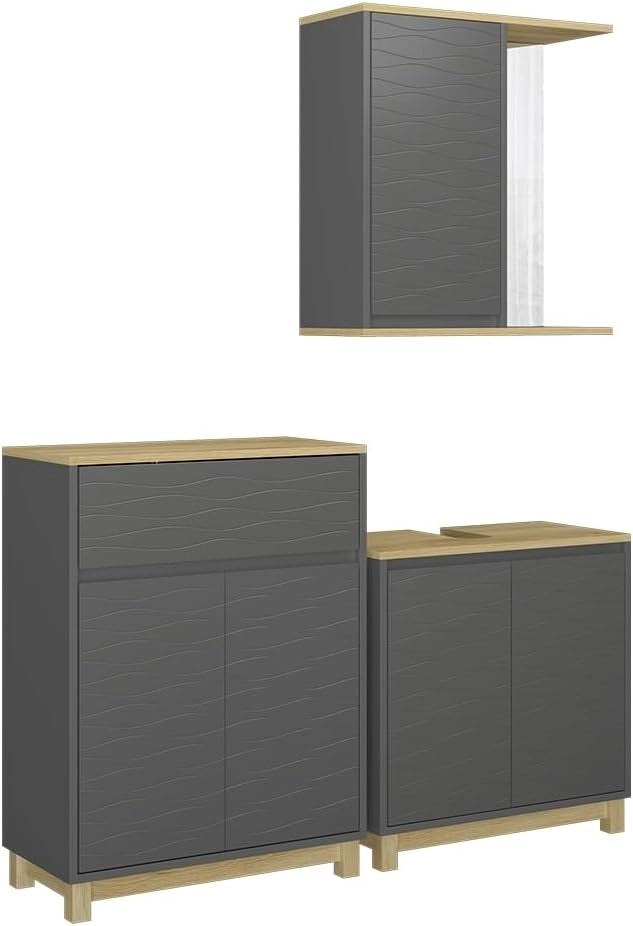 Set di mobili da bagno Livia, Bianco/quercia, 60 cm, composto da armadietto a specchio, base lavabo, 2x colonne medie, colonna alta e mobile WC