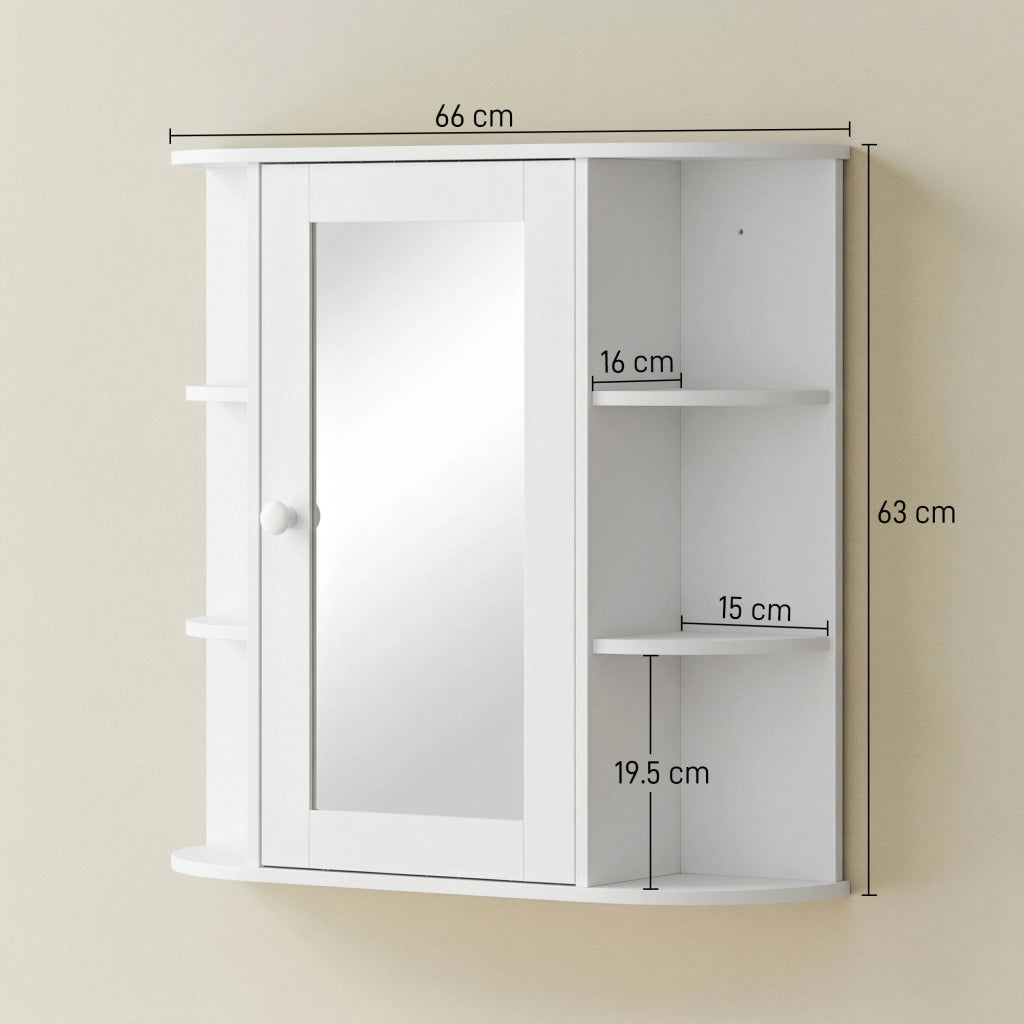 Specchio Bagno Contenitore con 6 Ripiani Aperti e 2 Chiusi, 66x17x63 cm Mobile Bagno con Specchio, Mobilettto da Parete in Vetro, Bianco