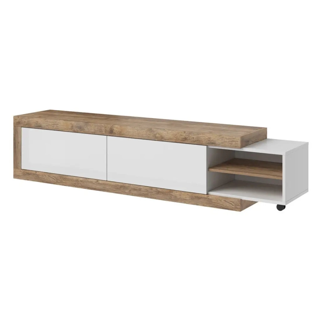 Mobile TV estensibile SINATRA – Rovere e bianco lucido – 2 porte + nicchie – L200 a 240 x H43,4 x P40 cm