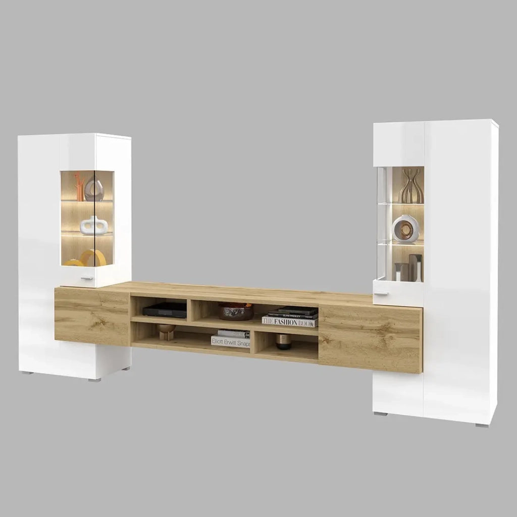 Set di 3 mobili da soggiorno collezione KOBEE. Colore bianco e quercia.