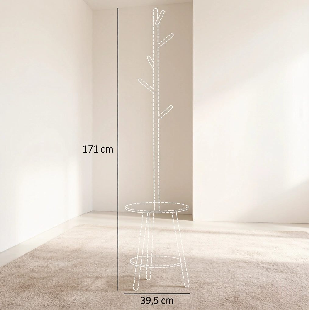 Appendiabiti da terra ULEVR 171 cm con 5 ganci e ripiano rotondo, bamb¨´ naturale e bianco