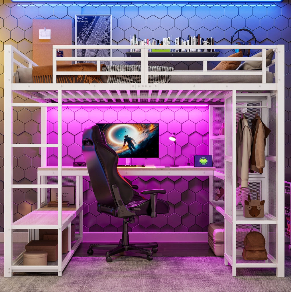 Letto a soppalco 140x200 cm con scrivania; armadio aperto e LED in metallo e MDF bianco