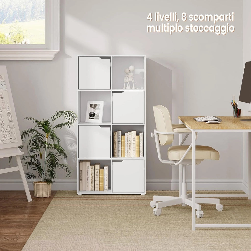Libreria Autoportante, Libreria Bianca a 8 Cubi Portaoggetti, Porta Libri con 4 Ante, Scaffale Portaoggetti per Soggiorno, Ufficio, Studio, in Legno, SK039ws