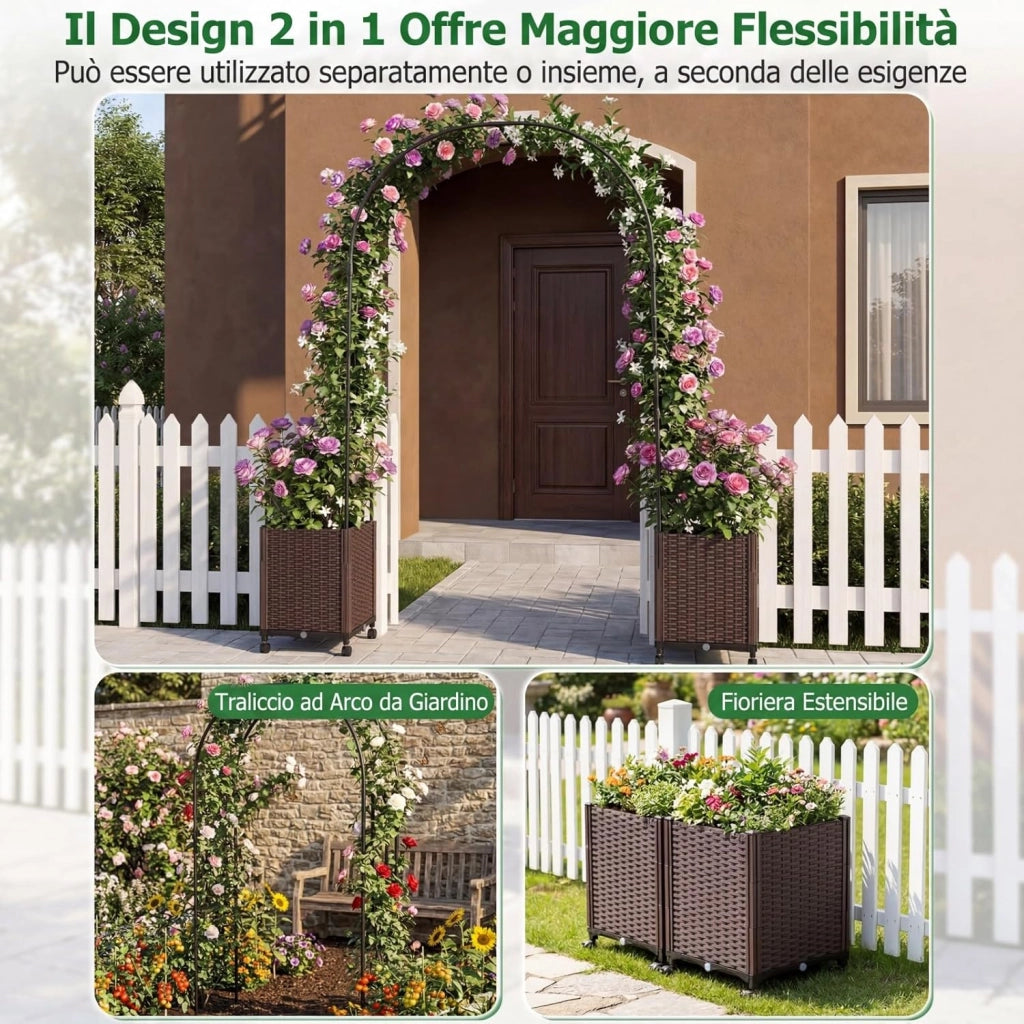 Arco per Piante Rampicanti da Giardino, Pergolato in Metallo con 2 Fioriere in PP e 4 Ruote Universali con Freni, Decorazione Esterno per Matrimonio e Festa, 203 x 40 x 230 cm