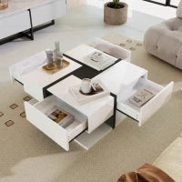 Tavolino da Salotto Quadrato Lucido con 4 Cassetti, Design Unico di Colori e Linee, Spazio Portaoggetti Inferiore, Bianco