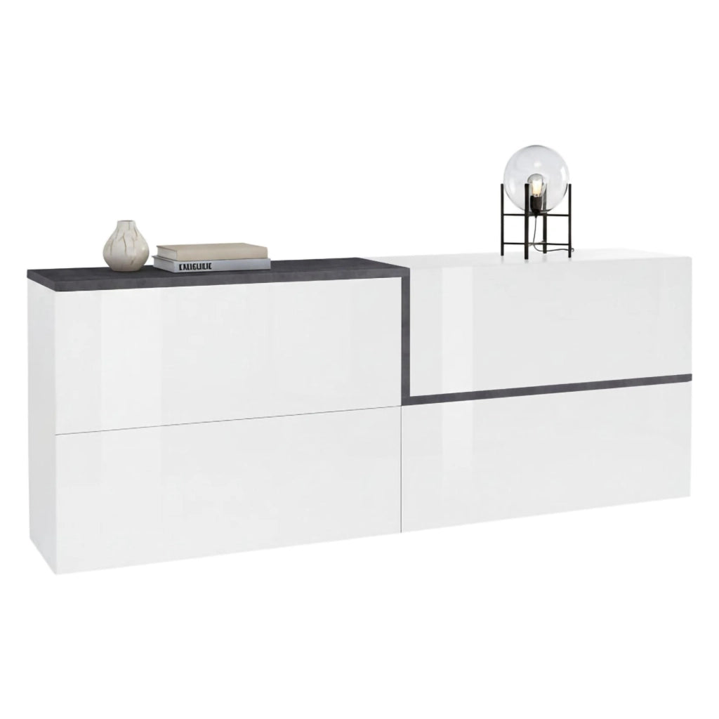 Credenza moderna a 3 Anubi, Made in Italy, Madia da cucina, Buffet di design da soggiorno, cm 210x40h80, Bianco lucido e Grigio Ardesia