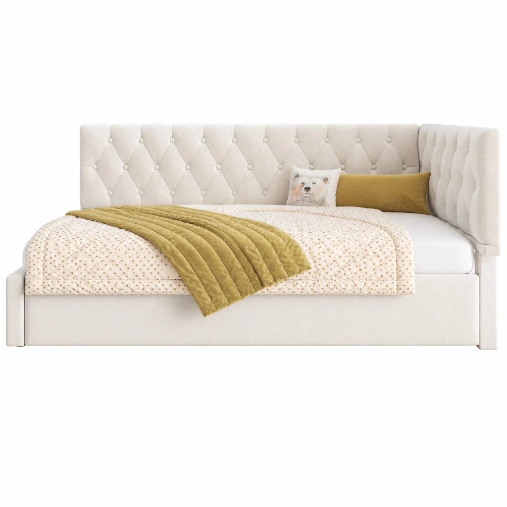 Letto giorno 90x190 cm in velluto beige con contenitore idraulico, struttura in metallo e rete a doghe, senza materasso
