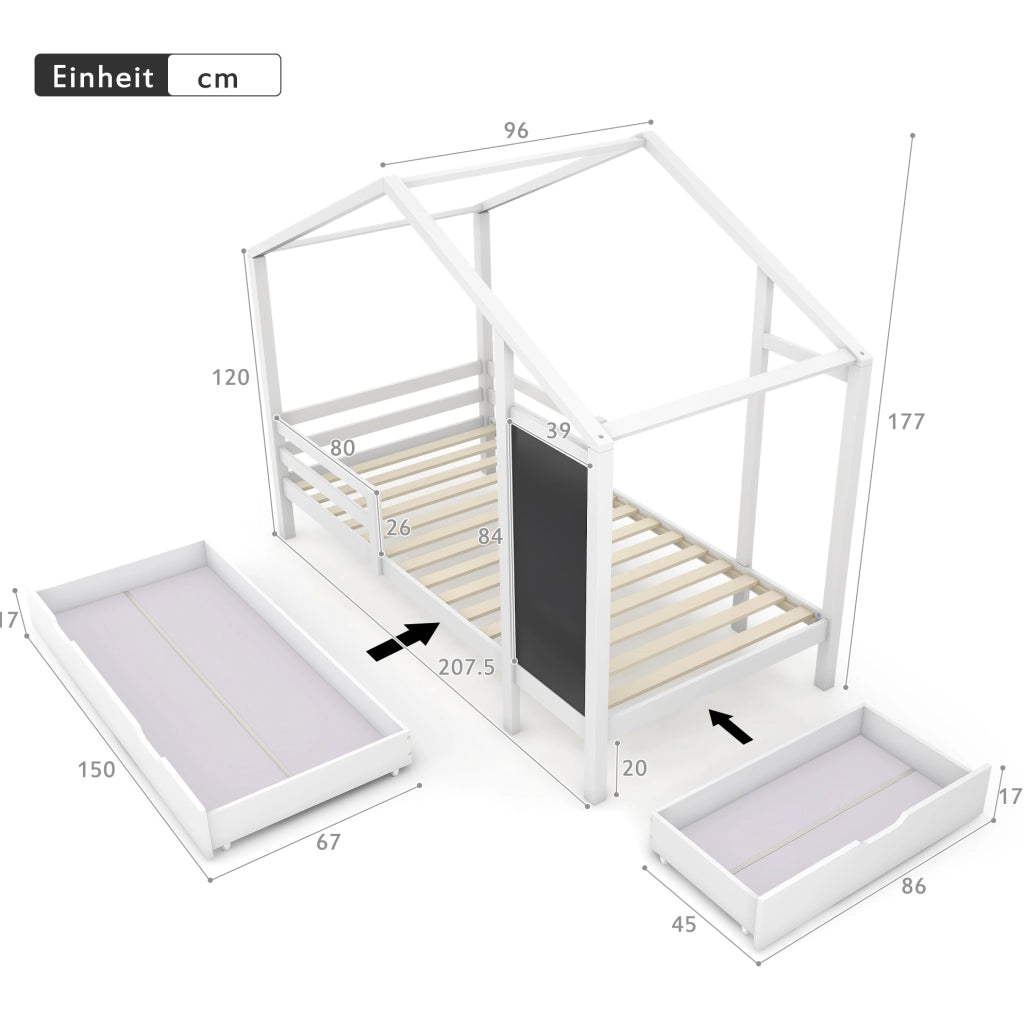 Letto a casetta per bambini 90x200 cm con lavagna e cassetti