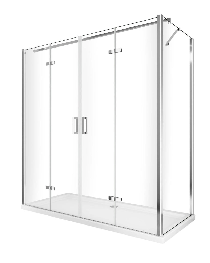 Box doccia due lati porta a libro 4 ante con parete fissa laterale, cristallo 6mm trasparente, h190 Sicena Rasac Trasparente 6mm,Fisso 80 + Porta 150 cm