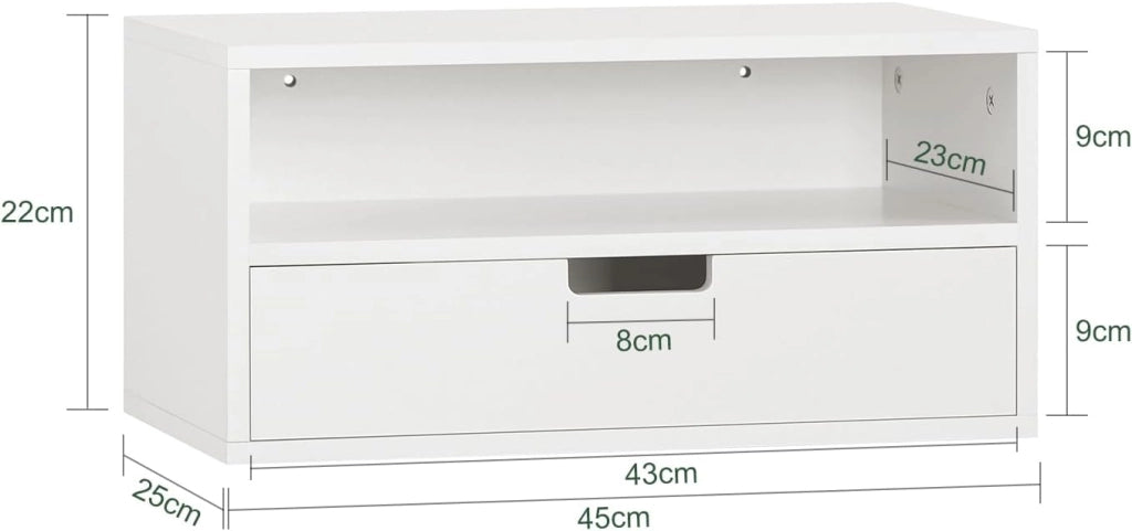 Set di 2 Comodino Sospeso - Mensola da Parete Salvaspazio con Cassetto e Ripiano Aperto, Tavolino da Letto per Camera da Letto, L45 x P25 x A22 cm, Bianco, NKD03-Wx2