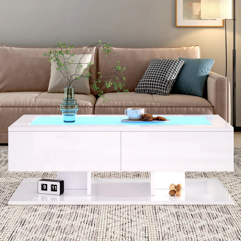 Tavolino basso con 2 cassetti e LED, piano in vetro temperato, per soggiorno, in truciolare, bianco 100 × 50 × 35 cm