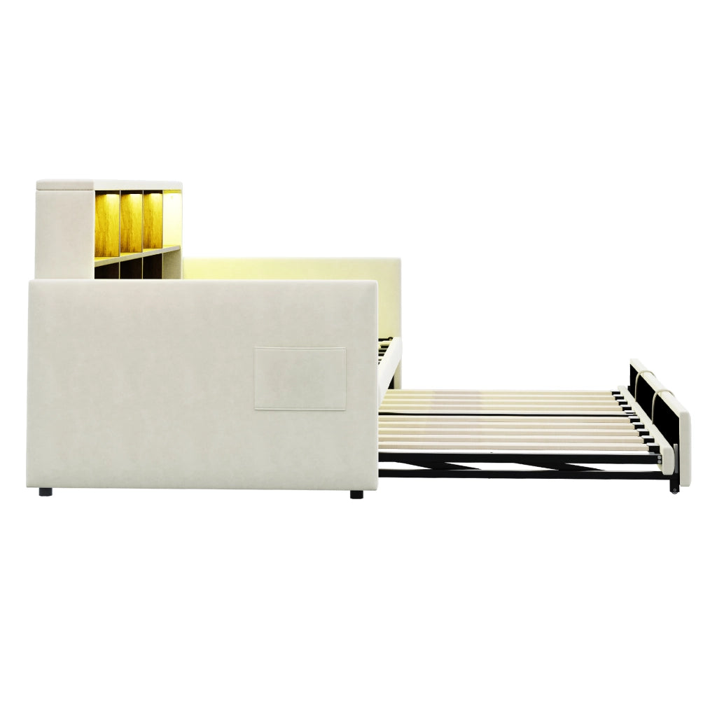 Divano letto imbottito 90x190 cm con contenitore; LED e prese integrate; velluto beige
