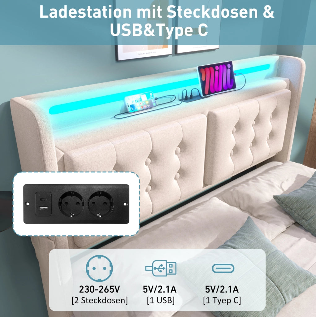 Letto matrimoniale imbottito 140x200 cm con LED; USB e 4 cassetti; beige