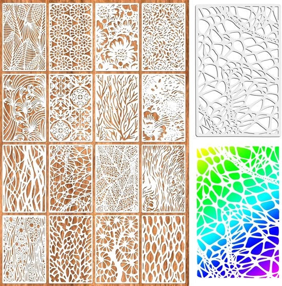 Serie di Stencil 16 Pezzi - Disegni Geometrici Abstracti - Decorazione - Materiale Resistente alla Diffusione - Proprietà Stabili a Basse Temperature - Stencil
