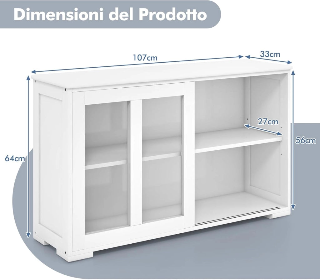 Armadietto da Cucina Mobile Laterale Multiuso con Ante Scorrevoli, in MDF e Vetro, 106,5 x 33 x 62,5 cm (Bianco)