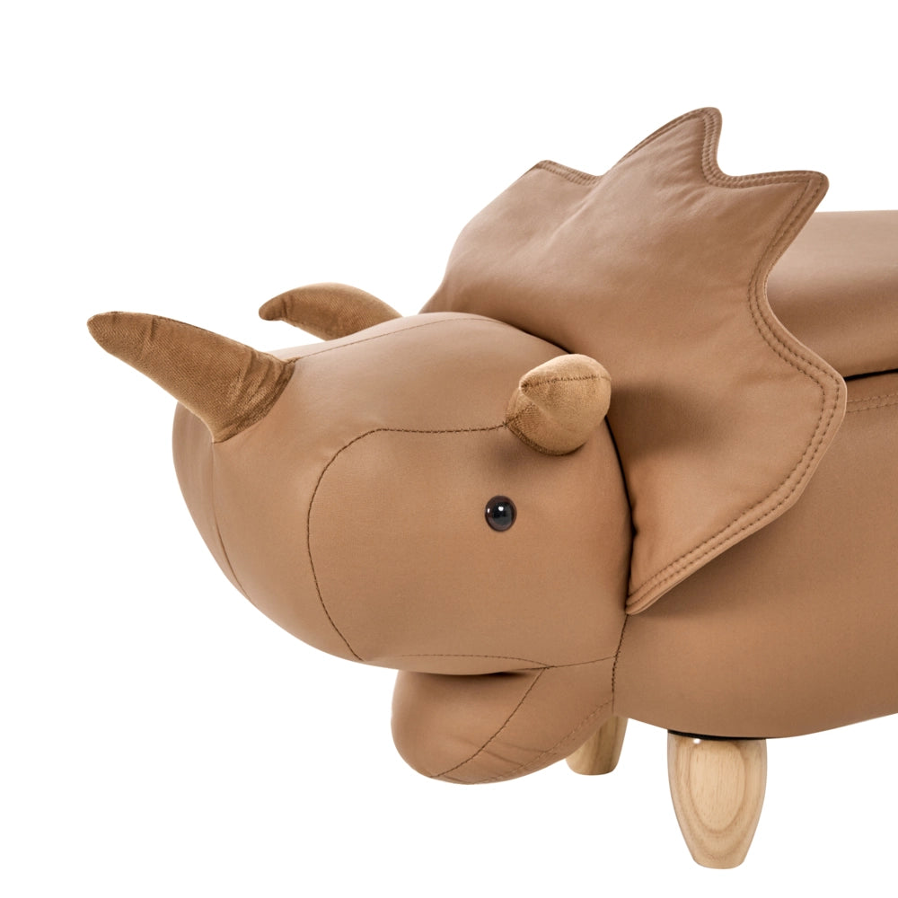 Animale Triceratopo Sgabello per bambini Tessuto in poliestere marrone Gambe in legno imbottite contenitore Poggiapiedi cameretta
