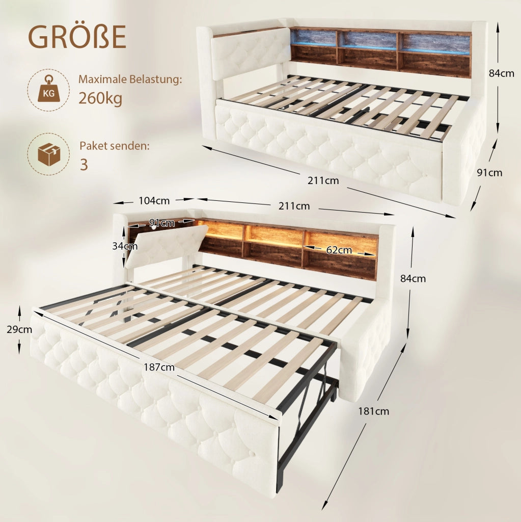 Divano letto 90x190 cm estraibile con contenitore; LED; USB e Type-C in velluto beige