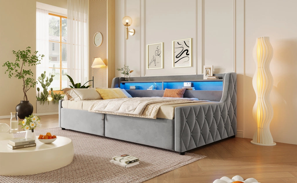 DESMIU Letto contenitore 1 posto con LED e vano 90 × 200 cm, senza materasso, in flanella, grigio