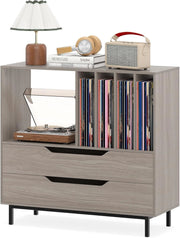 Supporto per Giradischi, Porta Dischi Vinile con 4 Ripiani per Vinili e 2 Cassetti, Armadio per Dischi Fino a 250 Album, per Soggiorno, Studio e Camera da Letto, 91 x 35 x 87 cm (Grigio)