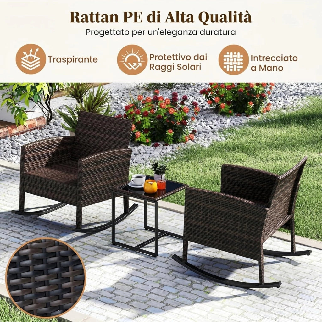 Set Salotto da Giardino in Rattan, Set Mobili da Eterno con 2 Poltrone a Dondolo, Tavolino in Vetro Temperato e Comodi Cuscini con Fodera Lavabile per Cortile e Balcone (Beige)