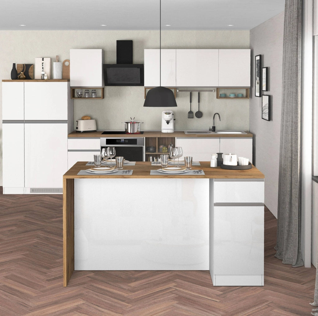 WHOUS Isola da cucina Sole a 2 ante e 2 cassetti bianco lucido e rovere 160x90x90 cm