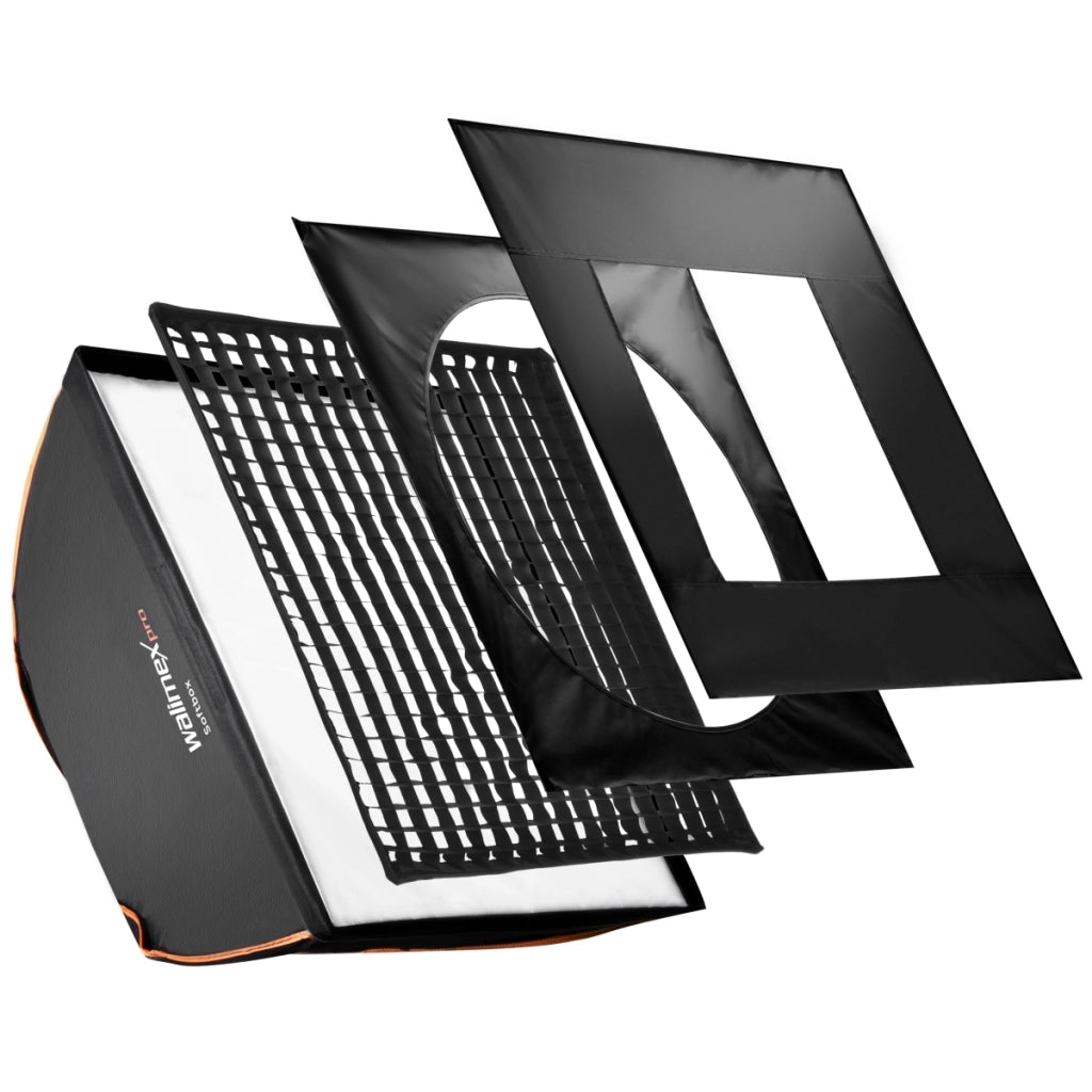 Softbox con griglia 90x90cm quadrato I Include griglia da 3cm, maschere e diffusore I Sagomatore di luce ruotabile a 360° e resistente al calore, ideale per la fotografia di prodotto