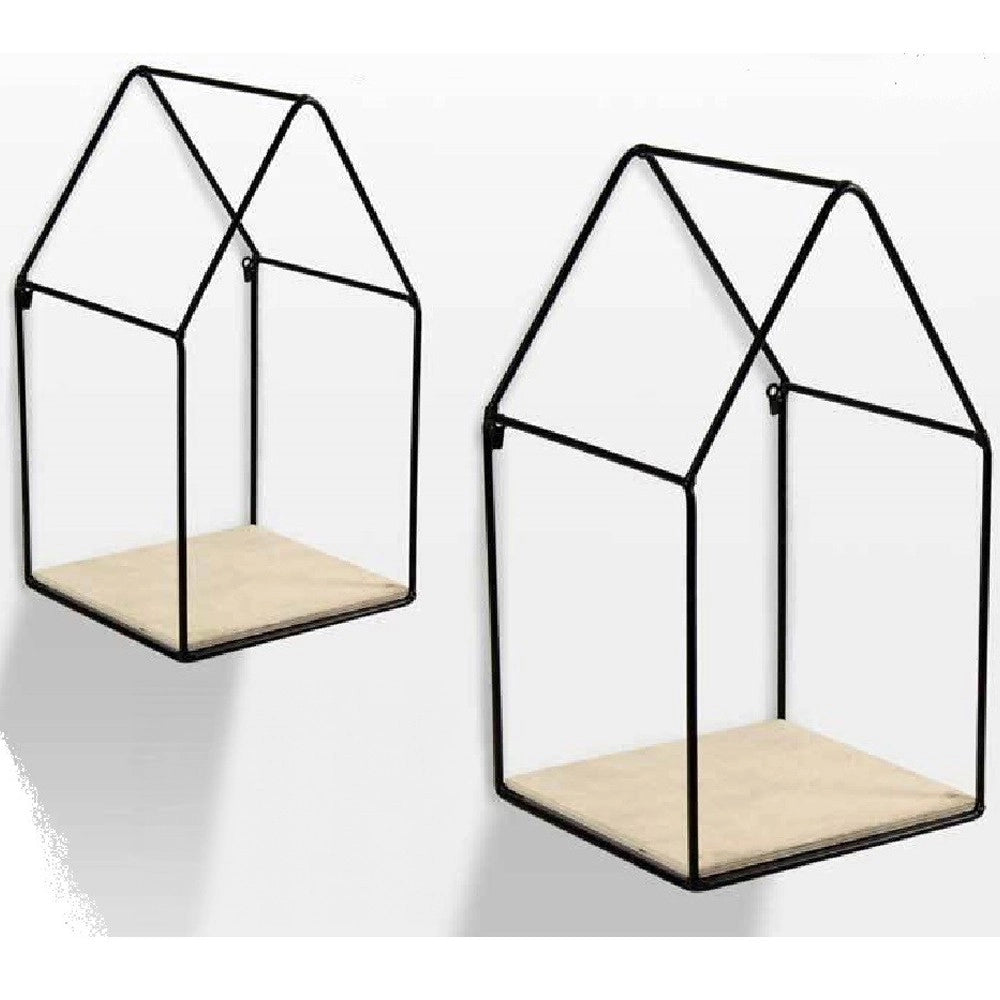 Trade Shop - Set 2 Pz Mensole Parete Casa Mensola Legno Bacheca Metallo Nero H36/30 Cm 751714 -