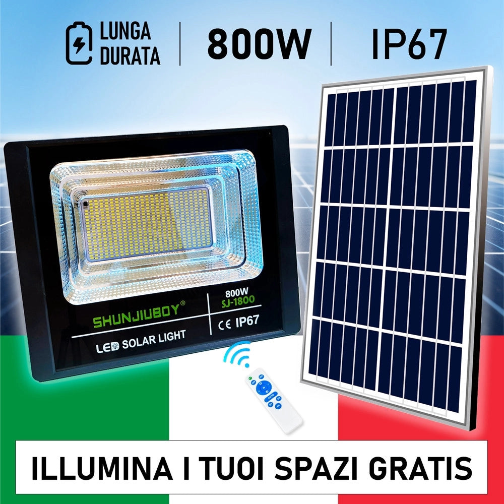 Trade Shop - Faretto Led Esterno Con Pannello Energia Solare 800 W Batteria 12 Ore Faro Ip67 -