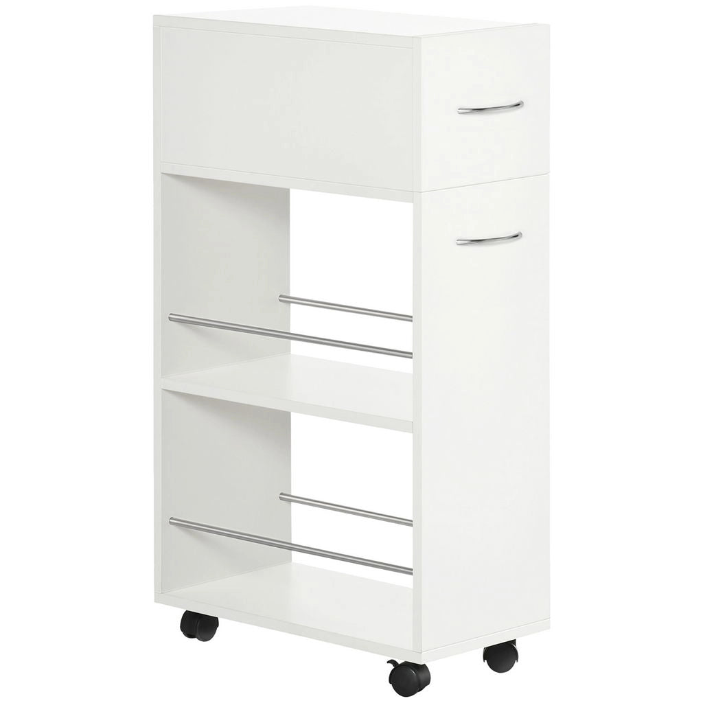 CARRELLO DA CUCINA CON 2 RIPIANI APERTI E CASSETTO ESTRAIBILE 25X50X85 CM BIANCO