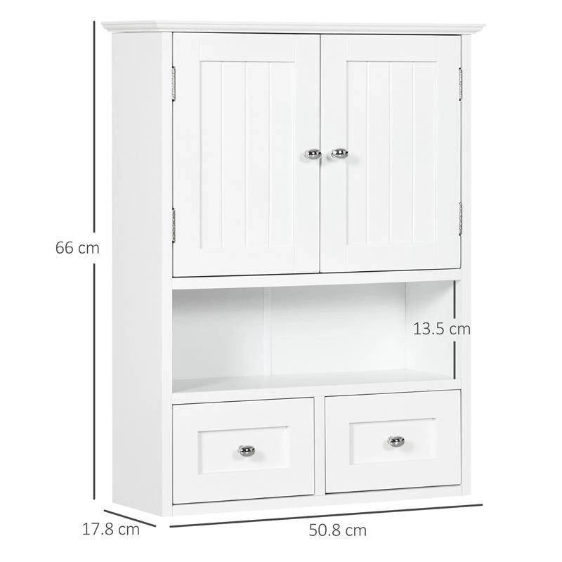 ARMADIETTO PENSILE BAGNO A 2 ANTE CON RIPIANO APERTO E 2 CASSETTI IN LEGNO BIANCO