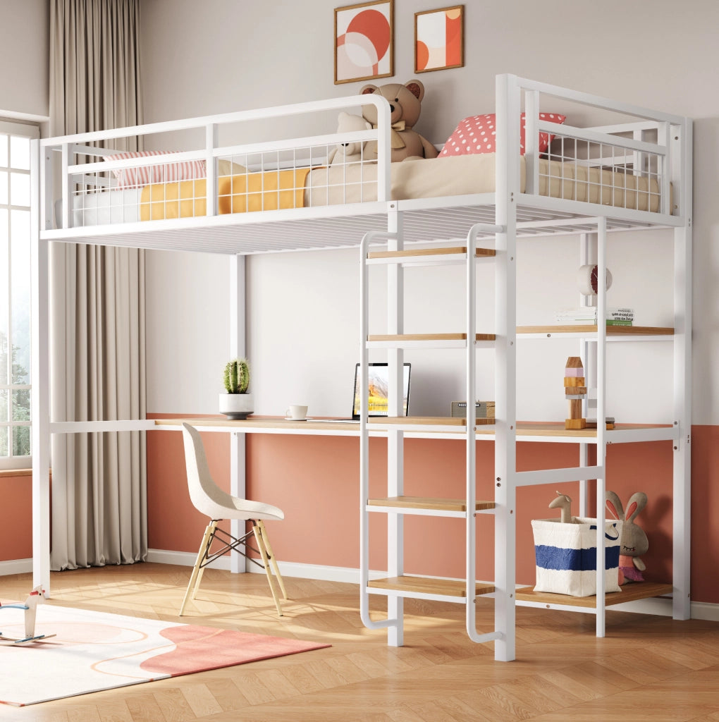 Letto a soppalco 90x200 cm con scrivania e ripiani in MDF e metallo bianco