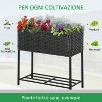 Letto per Orto Rialzato, Fioriera Effetto Vimini con Ripiano, Aiuola Rialazata per Esterni e Interni, Grigio (70cm x 30cm x 72cm)