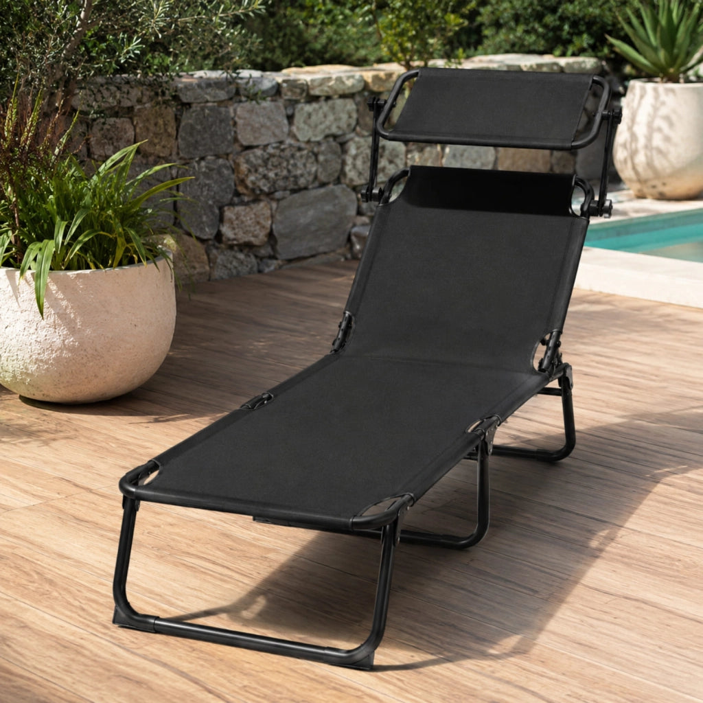 Lettino Pieghevole Sdraio Con Tettuccio Regolabile Schienale Reclinabile Parasole Prendisole Struttura In Metallo Sedia Sdraio Per Mare Spiaggia Giardino Piscina 187 x 53 x 24 Cm Nero