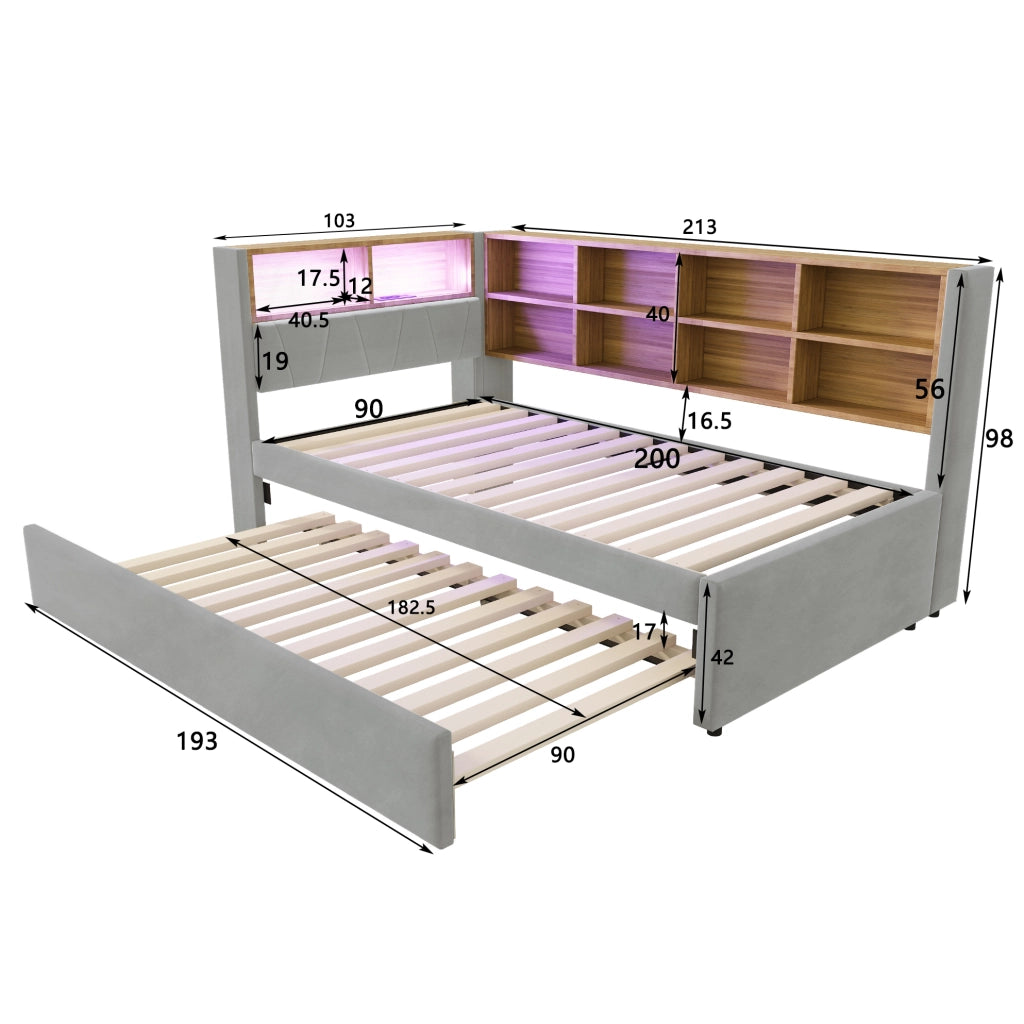 Divano letto 90x200 cm con letto estraibile; LED e porte di ricarica in flanella grigio chiaro