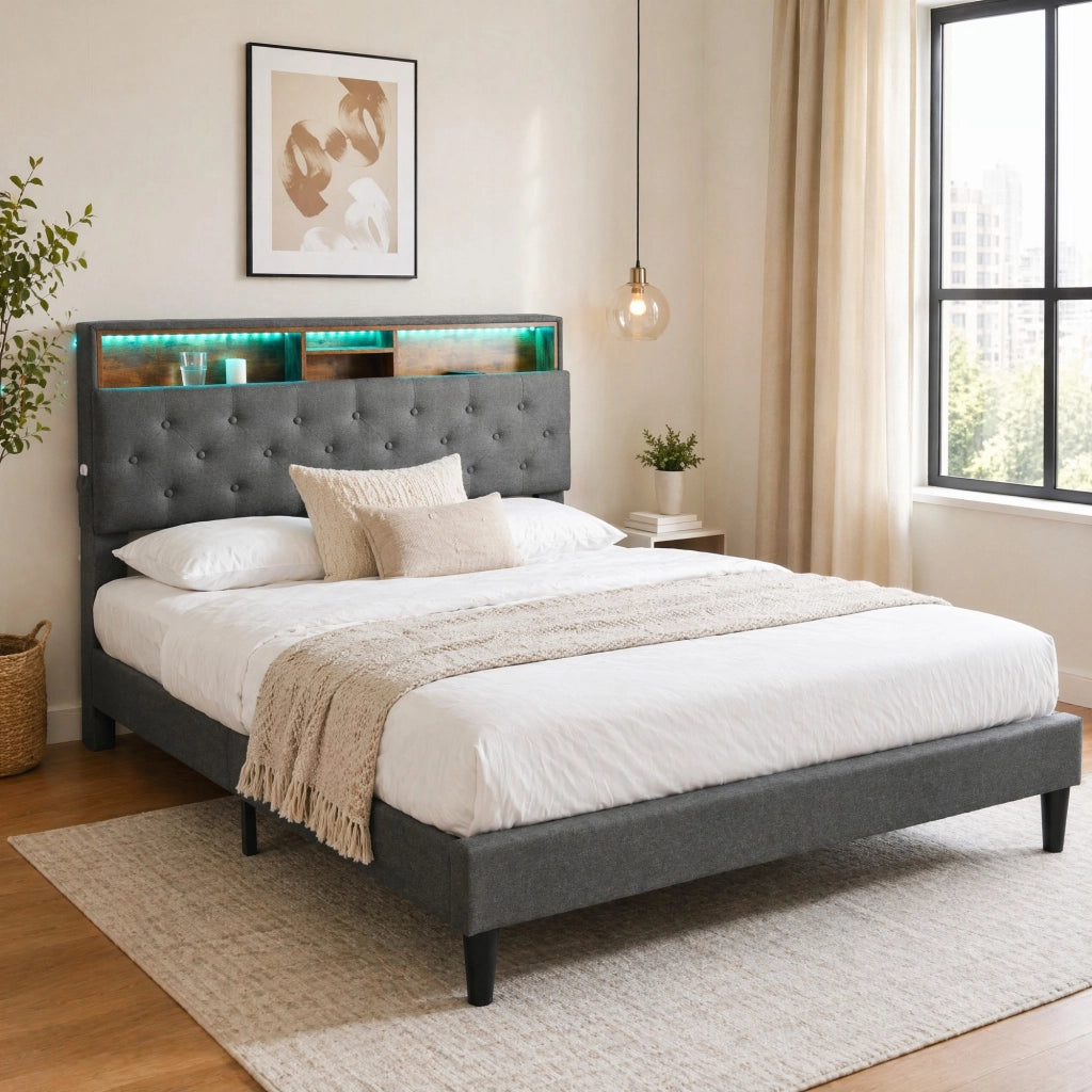 Letto matrimoniale imbottito con testiera contenitore e LED; 140x200 cm; grigio