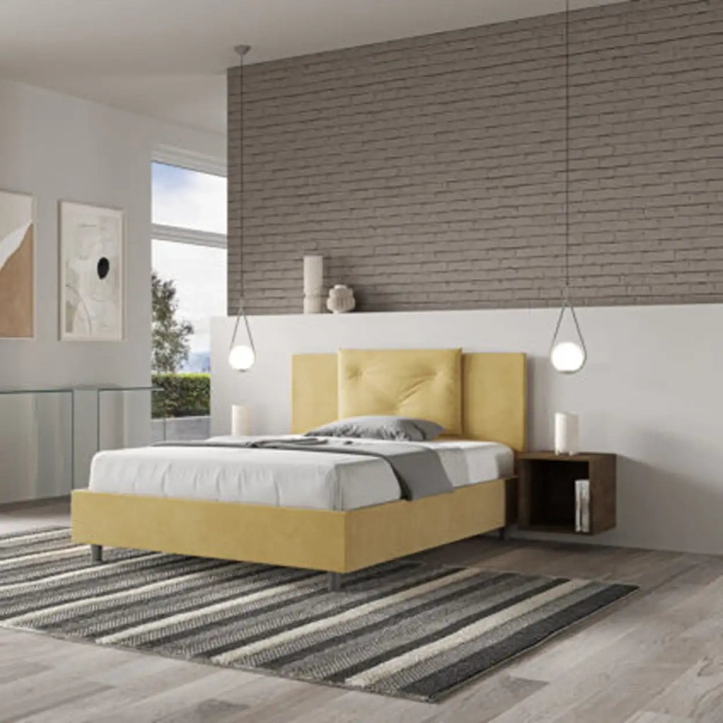 Letto matrimoniale francese con rete imbottito 140x190 microfibra ocra Appia