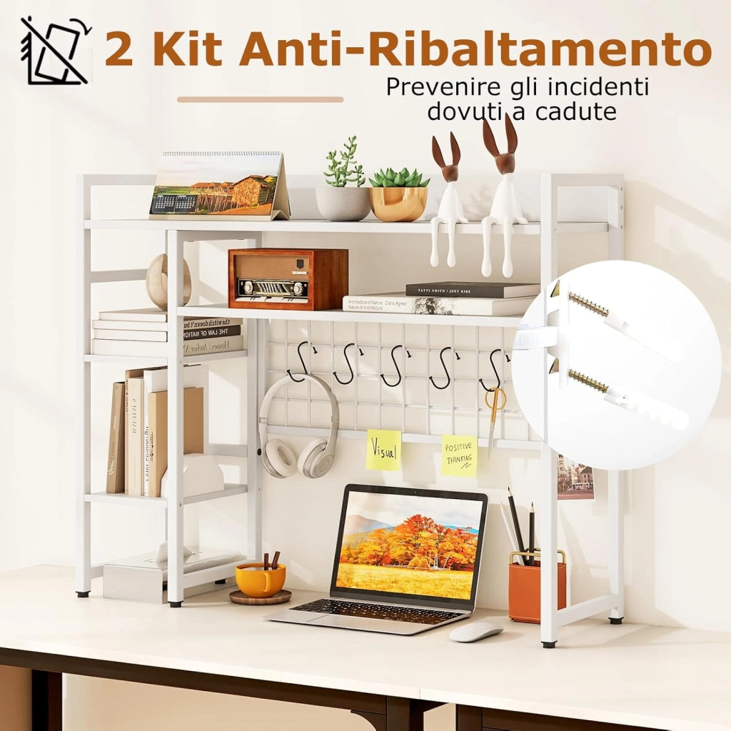 Mensola da Scrivania, Scaffale Espositivo a 4 Ripiani con Pannello a Griglia Metallica e 6 Ganci, Organizzatore da Scrivania per Computer, per Ufficio Casa Dormitorio, 94x25x73,5 cm (Bianco)