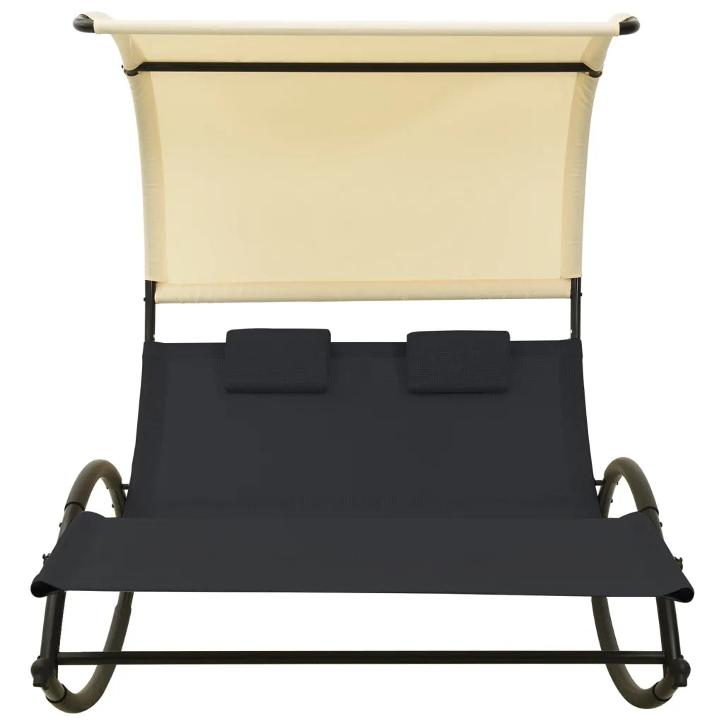 Lettino Prendisole Doppio Baldacchino in Textilene Nero e Crema 310547