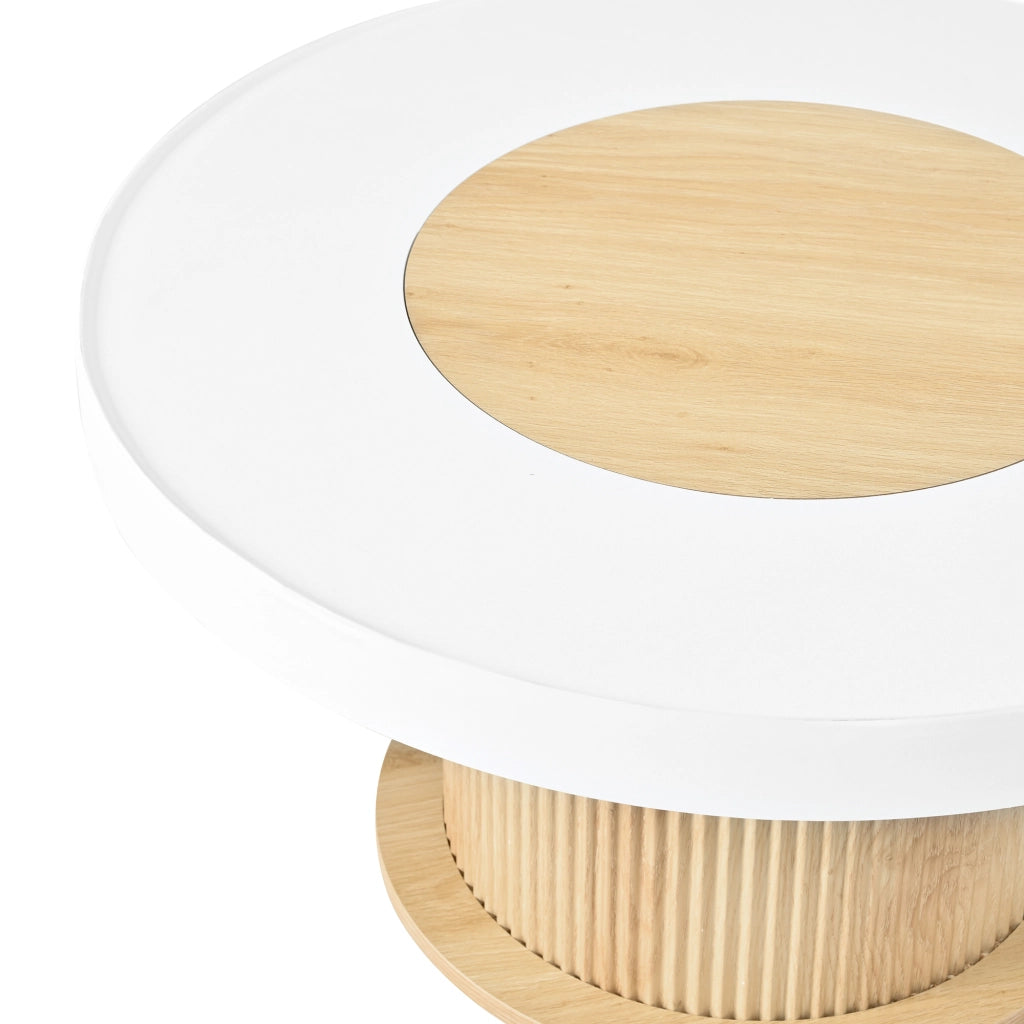 Tavolino basso rotondo con piano bicolore bianco e legno, base cilindrica scanalata, per soggiorno, 75 × 75 × 39 cm