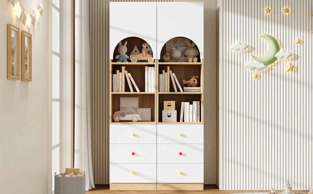Librerie per bambini set di 2 con anta arcuata tre cassetti e tre ripiani in MDF bianche 50 × 50 × 200 cm