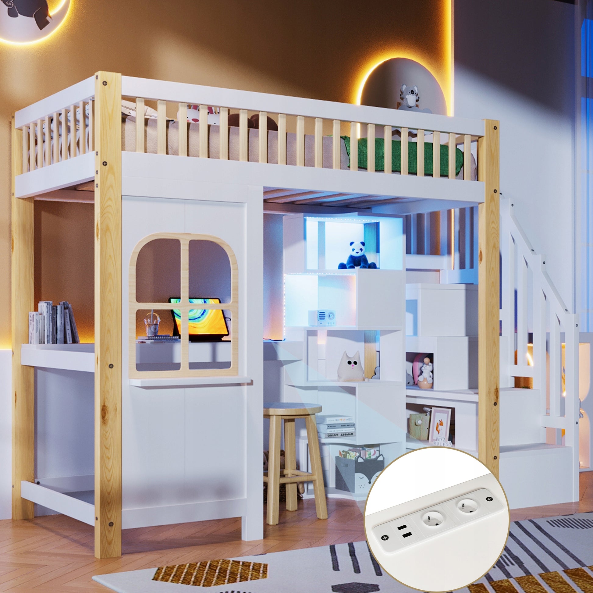 Letto a castello 90x200 LED con scrivania - Xylo - Bianco-marrone