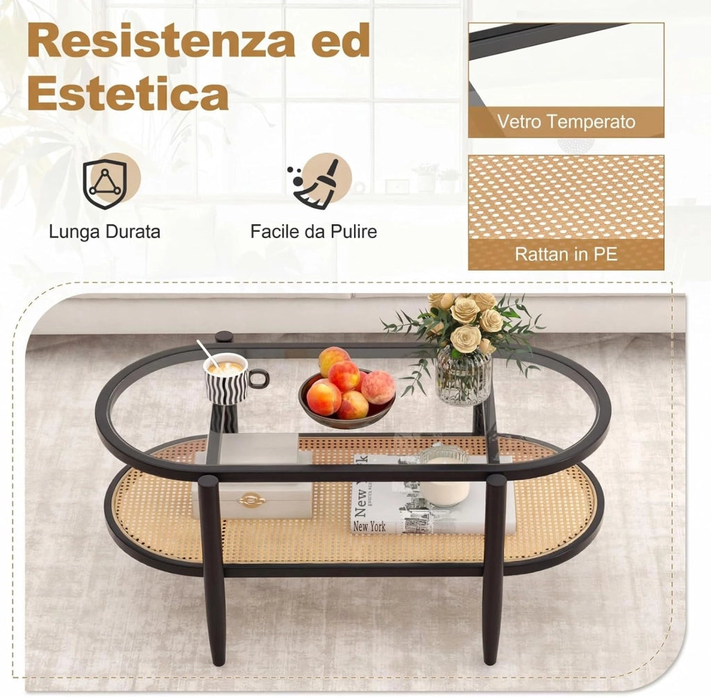 Tavolino da Caffè Salvaspazio, Tavolino da Divano a 2 Ripiani con Piano in Vetro Temperato, Struttura in Legno e Piedini Regolabili, per Soggiorno, Camera da Letto Ufficio, 102 X 56 X 46 CM