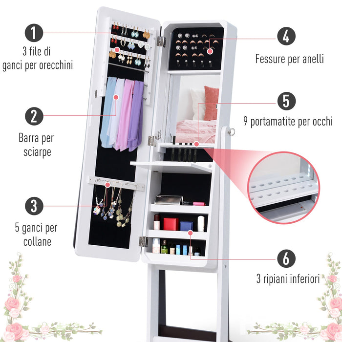 Armadio Portagioie e Trucchi con Specchio e Illuminazione LED Automatica Bianco 30x146x36 cm